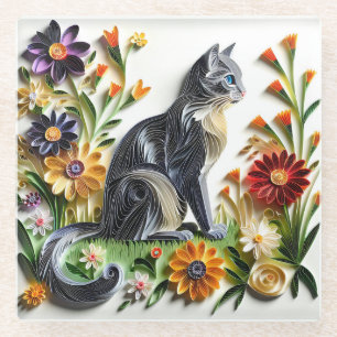 Dessous-de-verre En Verre Chat Faux Papier Quilling Chat et Fleurs