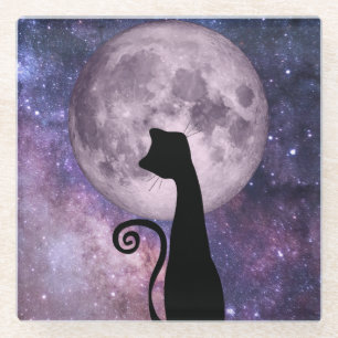 Dessous-de-verre En Verre Chat Noir En Verre Rose/Violet Lune Dessous de ver