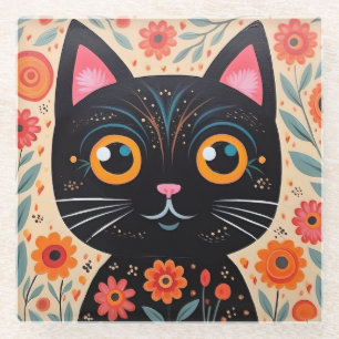 Dessous-de-verre En Verre Chat noir style art populaire