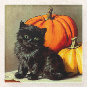 Dessous-de-verre En Verre Chat noir vintage d'Halloween et Citrouilles