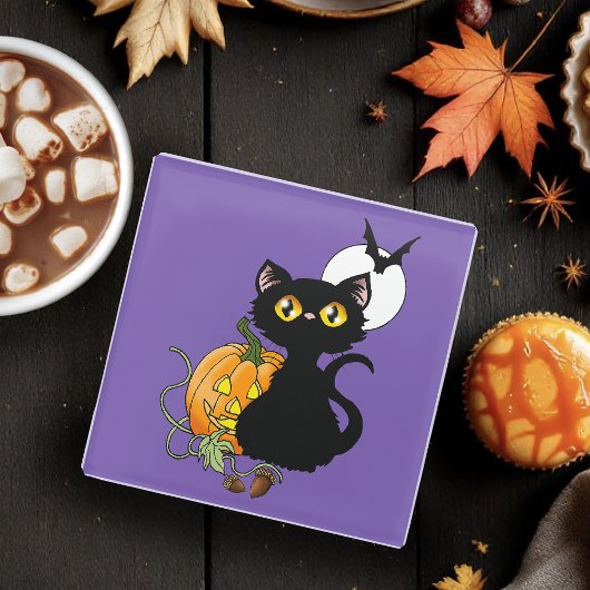 Dessous-de-verre En Verre Chat noir violet Citrouille d'Halloween
