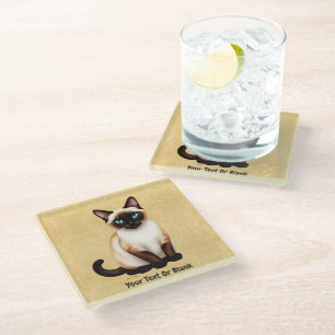Dessous-de-verre En Verre Chat Siamois Sur Vieux Papier