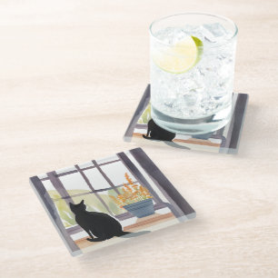 Dessous-de-verre En Verre Chat sur l'appui de fenêtre Silhouette Aquarelle