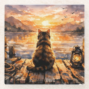 Dessous-de-verre En Verre Chat sur le quai au coucher du soleil