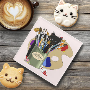 Dessous-de-verre En Verre Chaton noir Pinceau Pot de peinture Artiste Chat R
