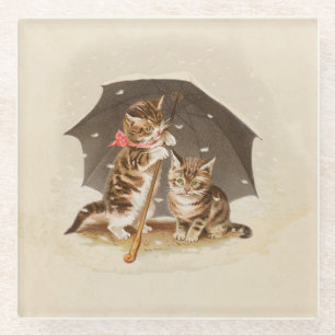Dessous-de-verre En Verre Chatons vintage sous parapluie art de chat antique