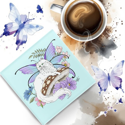 Dessous-de-verre En Verre Chatte Fée Blanche Fantastique Champignon Bleu Cap