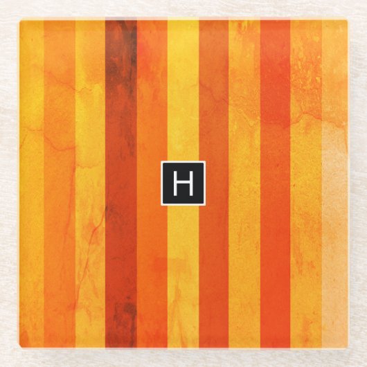 Dessous-de-verre En Verre Chaud Patiné Orange Rouge rayures Monogramme (Devant)