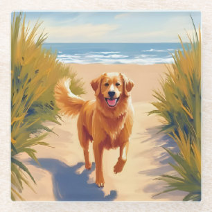 Dessous-de-verre En Verre Chemin de plage Golden Retriever Chien océan ani