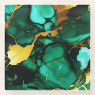 Dessous-de-verre En Verre Chic Elegant vert foncé jaune Faux Marble