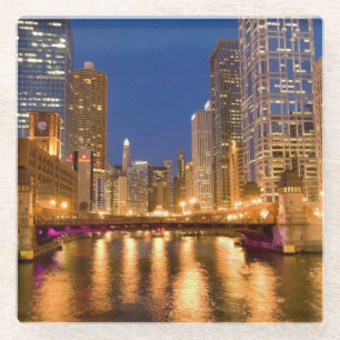 Dessous-de-verre En Verre Chicago, Illinois, Skyline et rivière Chicago