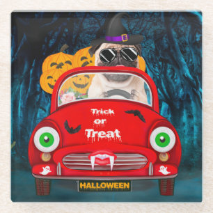 Dessous-de-verre En Verre Chien Carlin Conduisant une Voiture Halloween Effr
