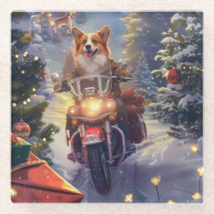 Dessous-de-verre En Verre Chien Corgi à moto Noël