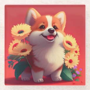 Dessous-de-verre En Verre Chien de Corgi souriant avec fleurs