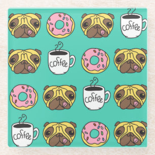 Dessous-de-verre En Verre Chiens amusants, beignets, motif de café.