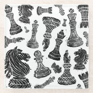 Dessous-de-verre En Verre Chiffres d'échecs noirs et blancs Linocut