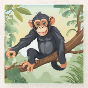 Dessous-de-verre En Verre Chimpanzée avec sa mignonne queue sur la branche s