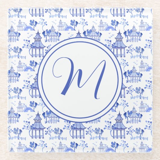 Dessous-de-verre En Verre Chinoiserie Aquarelle Pagode Motif Monogramme (Devant)