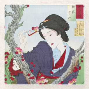 Dessous-de-verre En Verre Chinoiserie Dame japonaise et fleur de cerisier ro