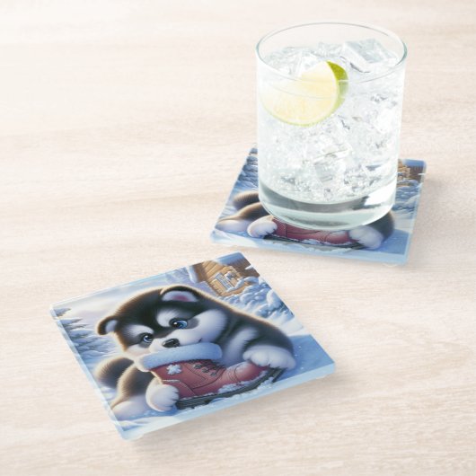 Dessous-de-verre En Verre Chiot jouant avec une botte hivernale couverte de  (Incliné)