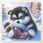 Dessous-de-verre En Verre Chiot jouant avec une botte hivernale couverte de  (Devant)