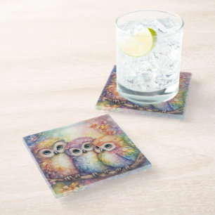 Dessous-de-verre En Verre Chouettes d'oiseaux arc-en-ciel 1