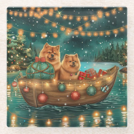 Dessous-de-verre En Verre Chow Chow Noël Festive Voyage (Devant)