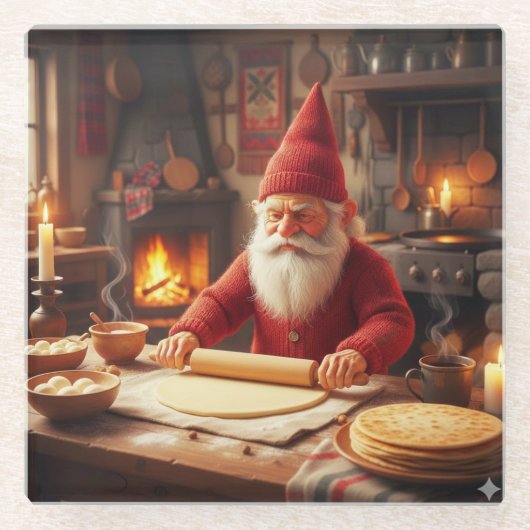 Dessous-de-verre En Verre Christmas Norwegian Nisse Making Lefse, Coaster (Devant)