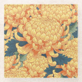 Dessous-de-verre En Verre Chrysanthèmes japonais : motif floral jaune. (Devant)