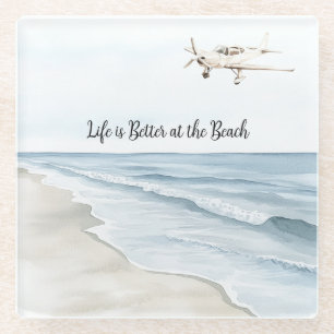 Dessous-de-verre En Verre Ciel Bleu Plage Océan Côte Avion Blanc