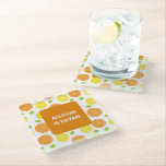 Dessous-de-verre En Verre Citrons, oranges et raisins Fruit Personnalisé<br><div class="desc">Ces dessous de verre gais ont un arrière - plan coloré de citrons,  d'oranges et de raisins. Ils peuvent être personnalisés avec votre texte.</div>