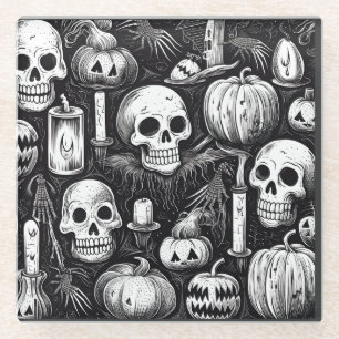 Dessous-de-verre En Verre Citrouille d'Halloween et motif d'encre crâne
