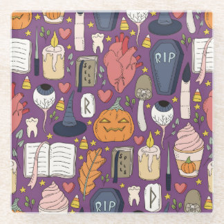 Dessous-de-verre En Verre Citrouilles d'Halloween, motif sorcier sans coutur