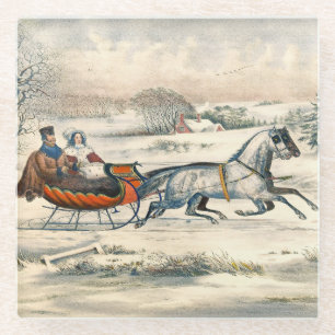 Dessous-de-verre En Verre Classique 1853 Promenade en traîneau Currier Ives