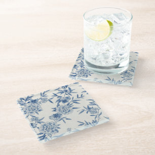 Dessous-de-verre En Verre Classique motif toile fleurie bleu aquarelle blanc