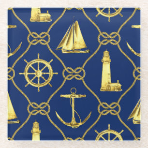 Dessous-de-verre En Verre Classique Nautique Or Bleu Voilier Phare