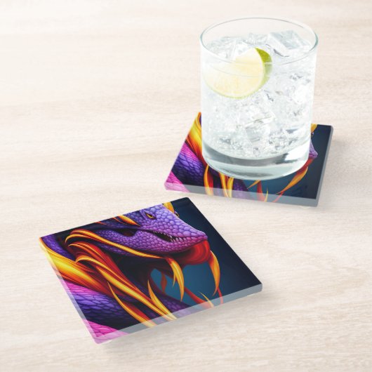 Dessous-de-verre En Verre Cobra serpent avec écailles orange et violette vib (Incliné)