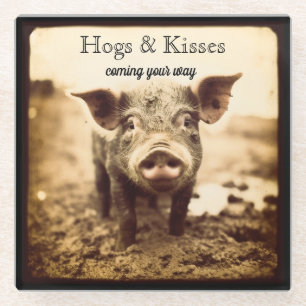 Dessous-de-verre En Verre Cochon dans la boue, câlins et baisers, personnali