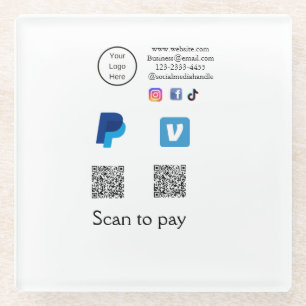 Dessous-de-verre En Verre Code QR PayPal venmo scan pay ajouter médias socia