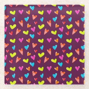 Dessous-de-verre En Verre Cœurs multicolores : motif violet à l'aquarelle.