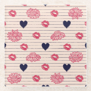 Dessous-de-verre En Verre Coeurs rouges, lèvres, marguerites motif.