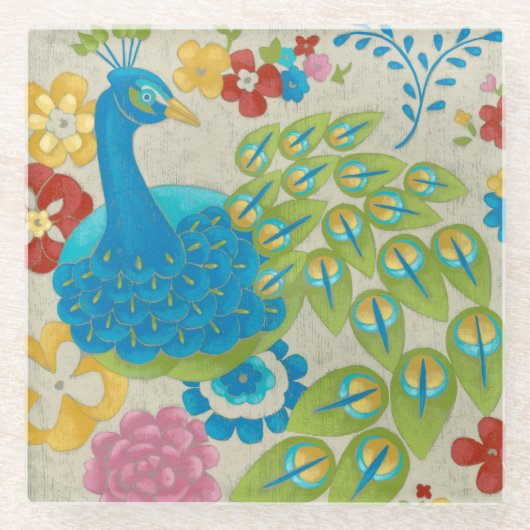 Dessous-de-verre En Verre Colorful Peacock et Fleurs (Devant)