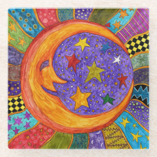 Dessous-de-verre En Verre Colorful, Sun, Moon and Stars Coaster