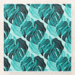 Dessous-de-verre En Verre Conception de feuilles de palmier tropical vert.