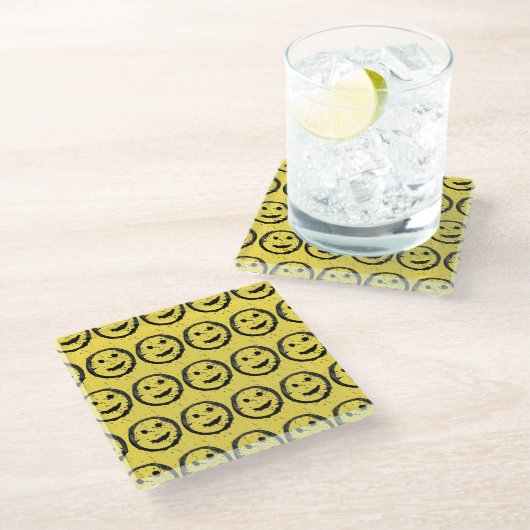 Dessous-de-verre En Verre Cool Sardé Joyeux visage souriant motif jaune (Incliné)
