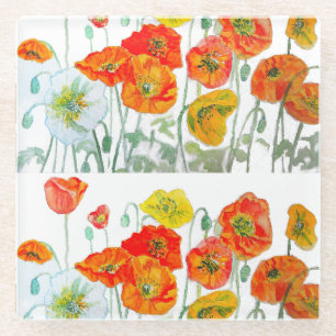 Dessous-de-verre En Verre Coquelicot Fleur de Pavot Rouge Orange Jaune Aquar