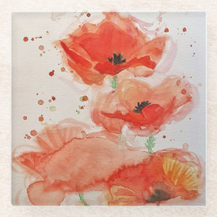 Dessous-de-verre En Verre Coquelicots Rouge Clair Aquarelle Fleur Floral