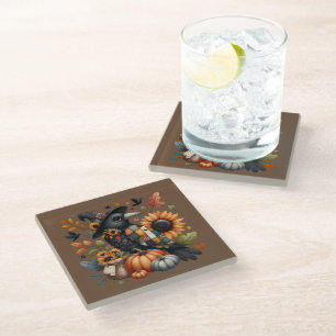 Dessous-de-verre En Verre Corbeau fantaisiste avec citrouilles et tournesols