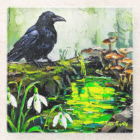 Corbeau noir et ruisseau de forêt lumineuse, peint
