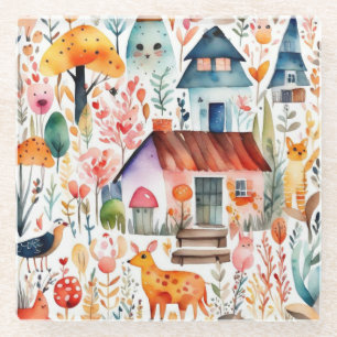 Dessous-de-verre En Verre Cottage noyau floral de campagne animaux maisons